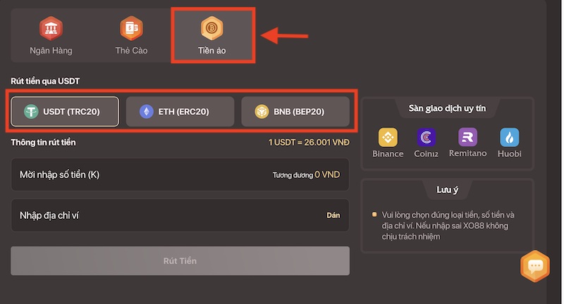 Chọn rút tiền và phương thức tiền ảo Xo88